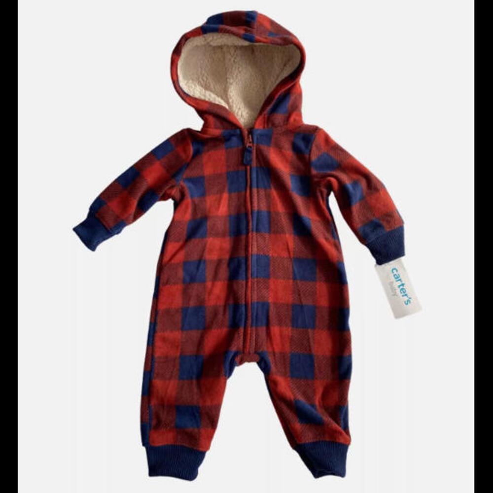Carter's Baby Hooded Jumpsuit Bodysuit Red Navy Plaid 9 Months